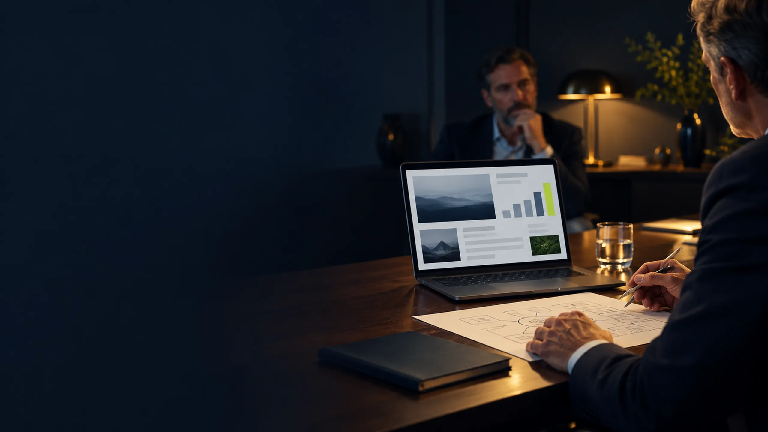 A consultant presenting a strategy framework to a client across a boardroom table