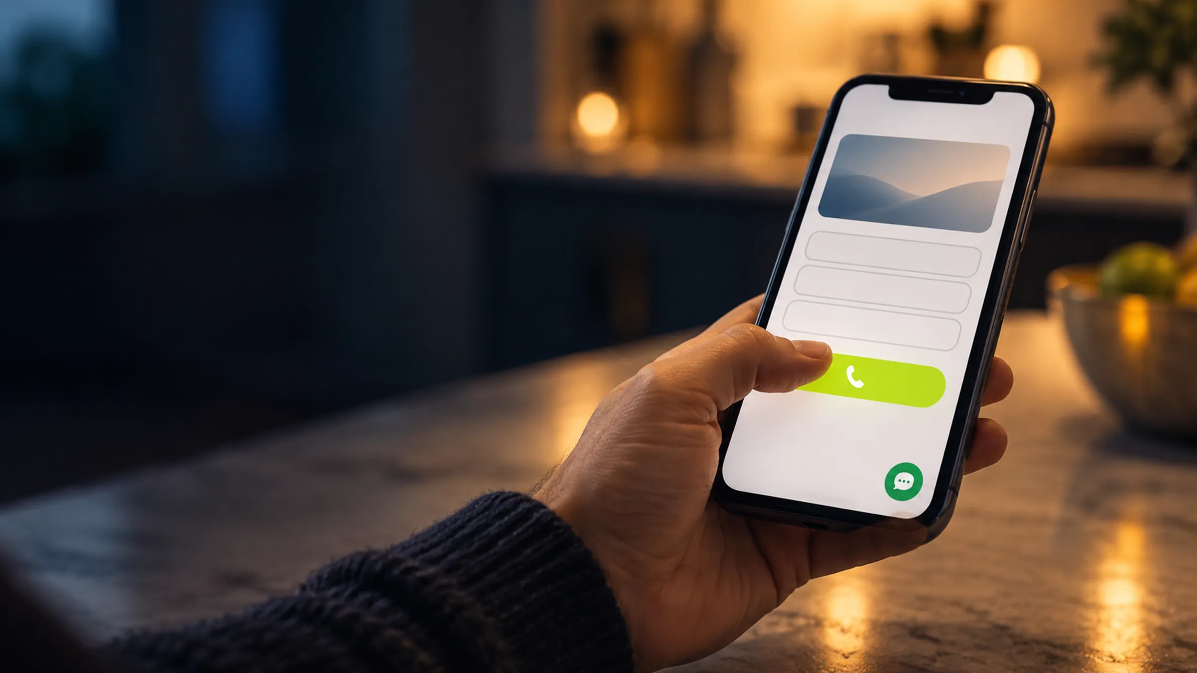 A thumb tapping the call button on a phone to send an enquiry