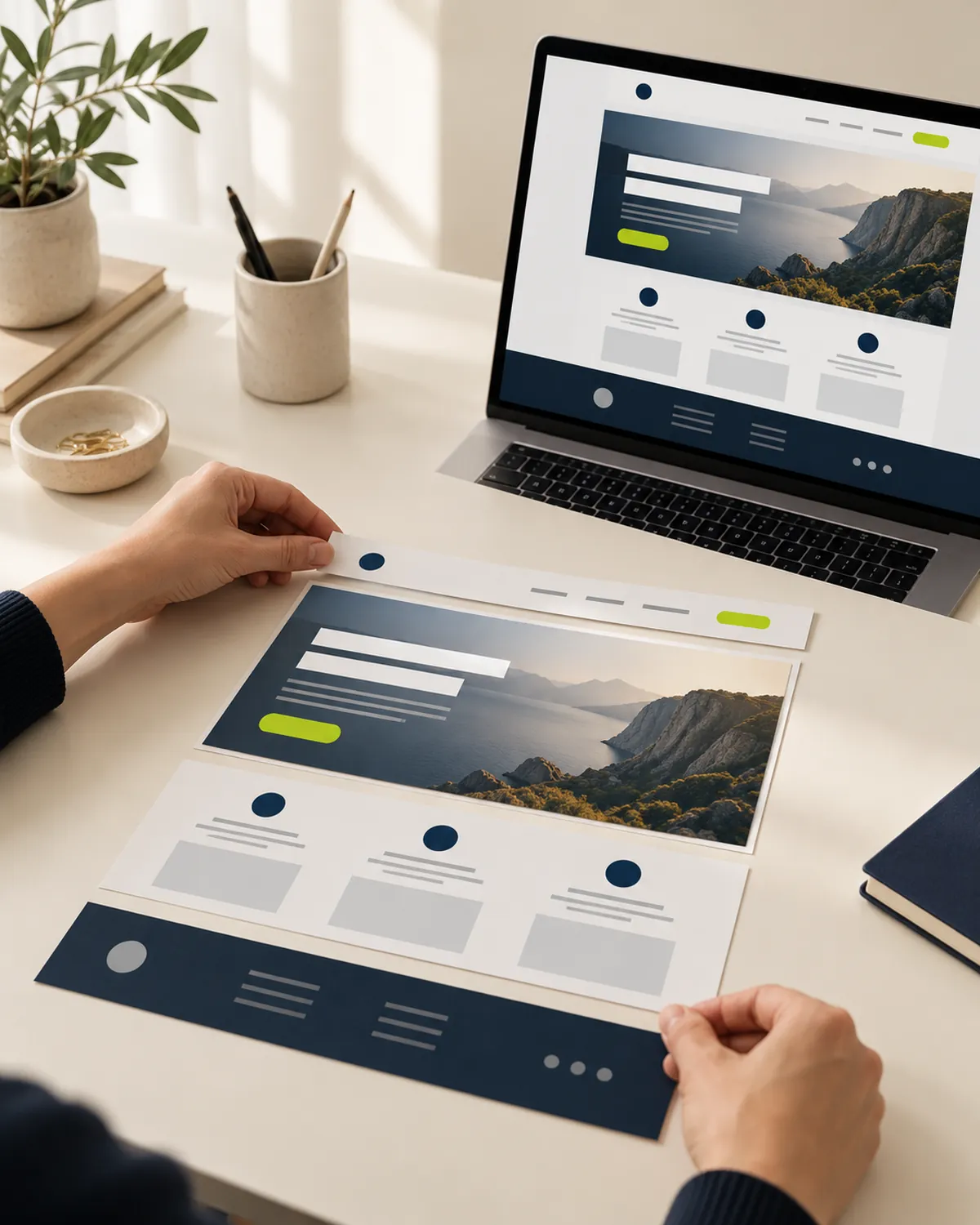 A designer arranging website sections into a page beside a laptop showing the finished custom WordPress website