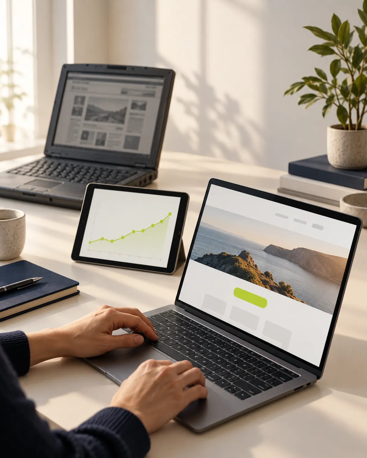 An old website and its redesign side by side, with a steady, rising visitor graph