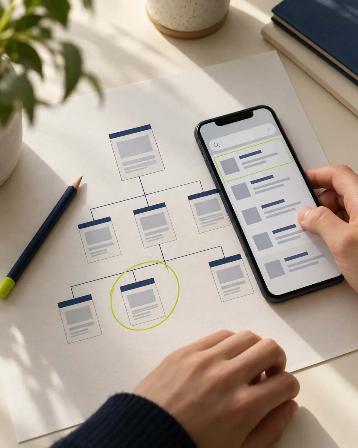 A website site map and a phone with the top search result highlighted, for SEO planned from day one