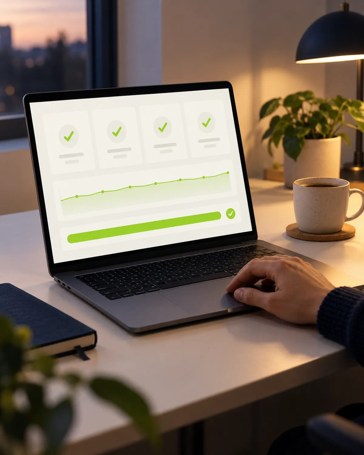 A website care dashboard on a laptop with every check complete, for maintenance after launch